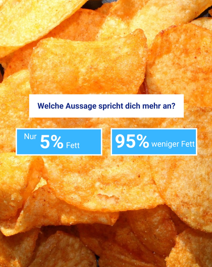 Chips mit zwei Wahl-Optioinen als Text auf blauem Grund "Nu5 5% Fett" und "95% weniger Fett" und der Frage Welche Aussage spricht dich mehr an?